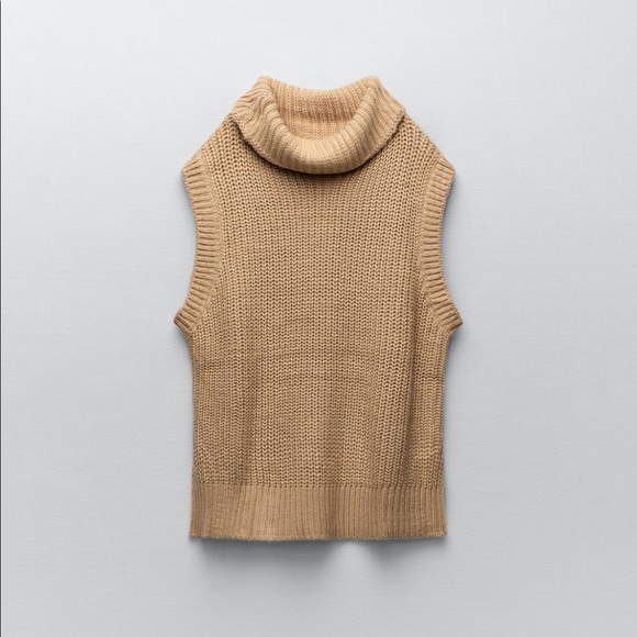 ZARA CAMEL TAN CROCHET TURTLE SWEATER VEST SIZE LARGE - Picture 4 of 5
